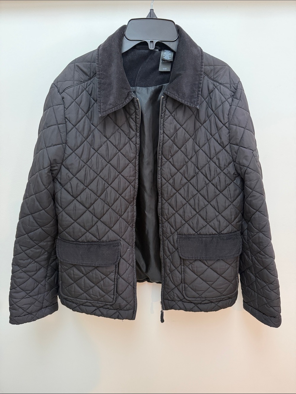 DKNY Black Quilted Lightweight Jacket with Corduroy Collar